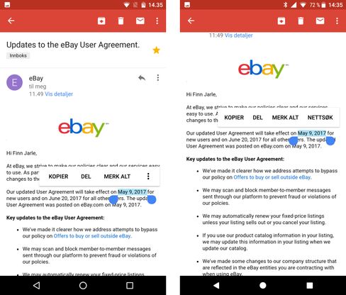 Den nye smarte tekstvelgeren Google har annonsert skal la brukeren hoppe rett fra en merket dato til riktig sted i kalenderen. Men foreløpig er det den gamle løsningen du ser i bildet til venstre (Nexus 6 m. Android 7) som går igjen på Pixel XL med Android O til høyre.