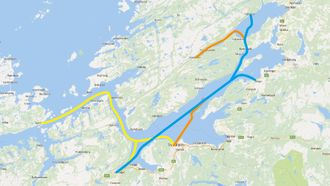 De tre første prosjektene med autonome skip i Trondheimsfjorden er på 80-90 kilometer. I 6 knop kan distanse gjøres på ca. 8 timer. Gul rute: Lokal transportrute mellom Jøssna terminal og Orkanger og Trondheim. Blå rute: Tømmer fra Orkanger til Skogn. Oransje rute: Pukk og stein fra Verrabotn til Trondheim.