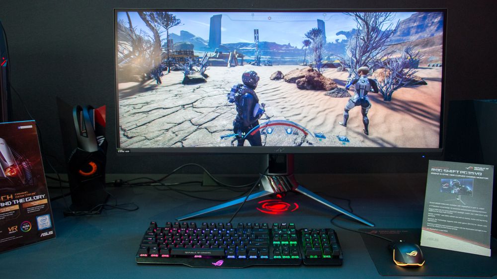 Asus ROG Swift PG35VQ. Bildet er manipulert for svake lysforhold og gir en dårlig illustrasjon av panelets egenskaper.