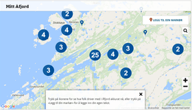 Bilde av kartløsningen til Adresseavisen. Her la folk i bilder med tekst om hva de gjorde akkurat nå. Ved å klikke på punktene, får vi opp bildet og teksten. Det er flest som har lagt inn bilde fra kommunesenteret.