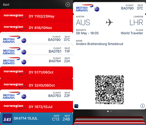 Innsjekk via flyselskapets mobilapp gir deg en digital billett som du kan velge å oppbevare i Wallet for raskere tilgang.