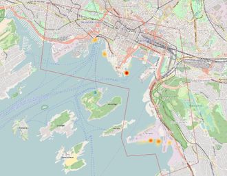 Utslipp fra kaier i Oslo Havn 2016. Kraftig rødt viser hvor punktutslippene er høyest. Kartet ble laget for ReCharge-prosjektet med DNV GL, Oslo Havn, ABB og Cavotec. Utslippene fra Vippetangen stammer fra tre ferger. Utslipp fra Sørenga er fordelt på 46 ulike skip som trafikkerte havna mer eller mindre jevnlig.