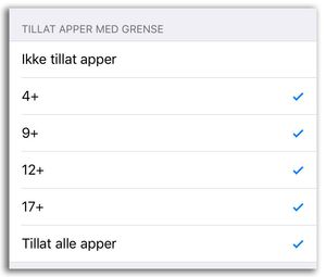 På Innstillinger → Generelt → Restriksjoner kan du sette opp aldergrenser på apper, filmer og musikk, pluss en haug av andre ting.