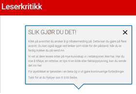 Slik ser Leserkritikk ut. Når du har opp en artikkel og trykker på knappen, så får du en oppdelt versjon av artikkelen som du kan gi tilbakemeldinger på.