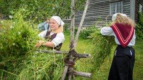 TIDSRETT: Marta Dalaker og Maria Lund sørger for at graset kjem til tørk på hesja.
