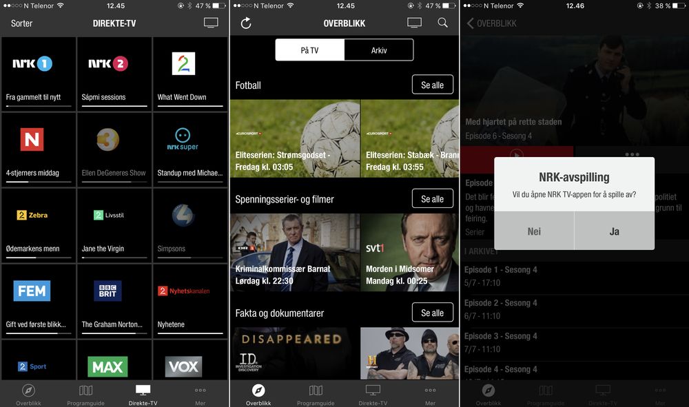 Mobilappen til RiksTV har stort sett funksjonene Apple TV-appen mangler. Inkludert arkivinnhold fra NRK, selv om de må spilles av i NRKs egen app.