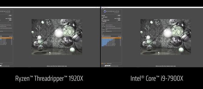 I en Youtube-video demonstrerte AMD at de kjørte Cinebench 15 på en Ryzen Threadripper 1920X og en Intel Core i9-7900X.