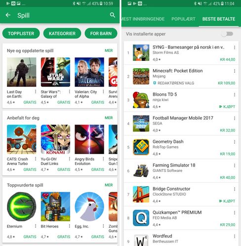 Google Play er stappfull av til dels enkle og dårlige gratistitler, mens det har skjedd minimalt i listen over populære betalte spill de siste årene. Et fotballspill og et lek-og-lær-spill virker å være det eneste som ikke er flere år gammelt i denne listen, som inkluderer klassikere som Wordfeud og Bloons TD.