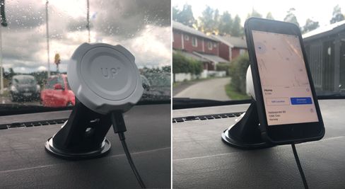 Vi savner justeringsmuligheter på billaderen til Exelium. Mobilen blir stående veldig langt ut fra dashbordet..