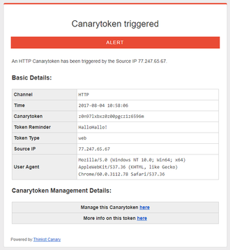 Eksempel på en varsling utløst av Canarytoken.