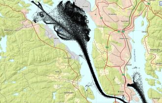 AIS-plotting som viser skipstrafikken hittil i 2017 i Frierfjorden med Rafnes, Herøya/Porsgrunn og Brevik med Norcem og containerterminalen (til høyre).