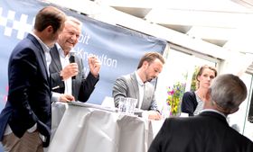 DEBATT 1: Gambits Europa-sjef Lars Erik Grønntun, førstelektor og retorikkekspert Kjell Terje Ringdal, politisk rådgiver Odd Hoen-Sevje (H) og Camilla Ryste, kommunikasjonssjef for Aps stortingsgruppe.