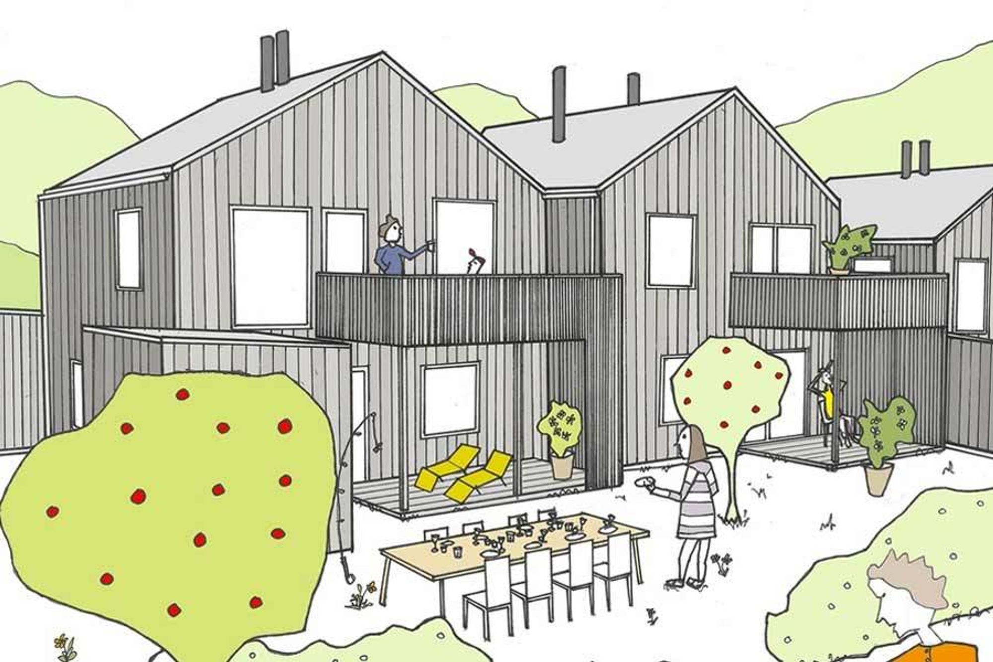 Illustrasjon av Norges første økolandsby i Hurdal.