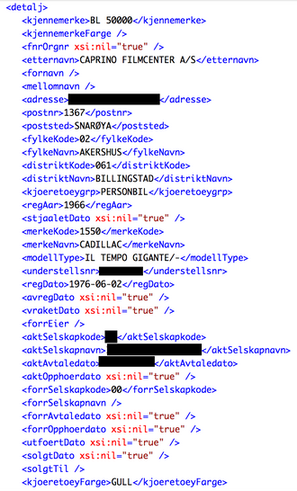 Eksempel på hva slags informasjon som var tilgjengelig via proxyen. Her er det informasjonen om fullskalamodellen av Il Tempo Gigante som vises. Den eies av et firma som naturlig nok ikke har noe fødselsnummer.