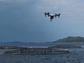 Drone inspiserer oppdrettsanlegg fra lufta. I Artifex-prosjektet er det meningen at den skal sendes opp fra og landes på en ubemannet overflatefarkost (USV).