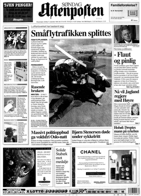 STOR SAK: Aftenpostens forside 13. september 1998 var viet allmennflymiljøet på Fornebus vanskelige situasjon.
