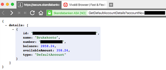 Kontodetaljene som ble vist i JSON-dokumentet..