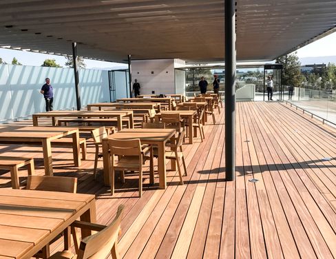 Oppå besøkssenteret er det et uteområde der man står fritt til å labbe rundt. Apple selv skryter av utsikten inn til romskipbygningen, men den er delvis skjult bak den store trebeplantningen som befinner seg midt mellom.
