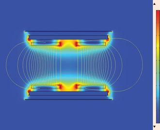 FEM-analyse viser energitetthet (fargeskala 0 (blå) til 450 (rød) J/m 3 ) og kraftflyt (kraftintenistet er proporsjonal med avstanden mellom de hvite linjene) når magnetspolene er posisjonert rett overfor hverandre.