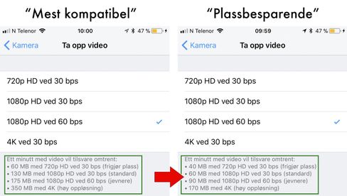 Her ser du endringen i filstørrelse før og etter endringen til «Plassbesparende» format.