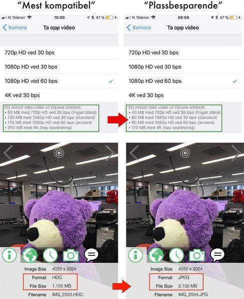 Ved å velge de nye bilde- og videoformatene i iOS får du i praksis betydelig bedre plass. Men formatene kan være vanskelige å lese for andre dingser.
