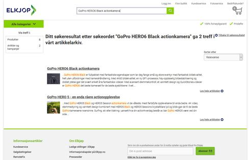 Slik så Elkjøp.no ut dersom man søkte på GoPro og klikket seg inn på artikkeloversikten. Selve lenken inn til saken er død, men forhåndsvisningen sier det meste.