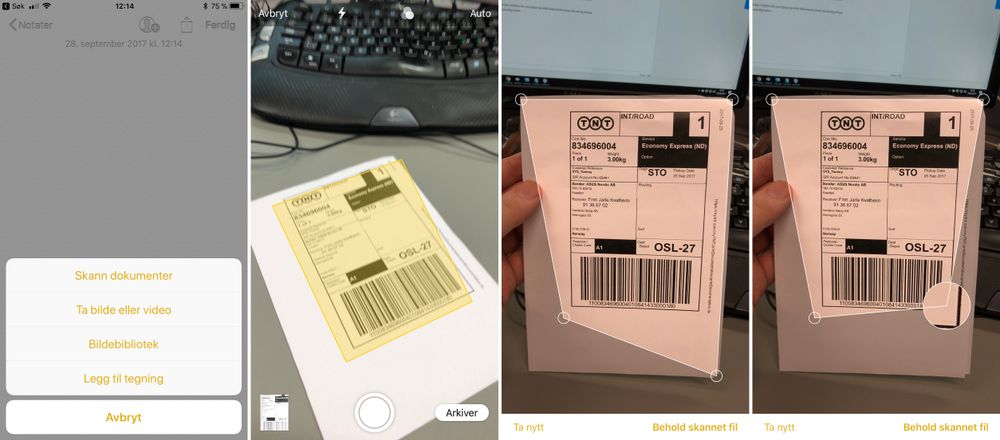 Slik skanner du dokumenter med Notat-appen i iOS 11. Det fine her er at det ikke gjør særlig forskjell om dokumentet fotograferes skjevt, for du kan rette opp bildet i etterkant. Appen prøver også selv å identifisere dokumentet som ligger foran telefonen, og retter opp en del helt på egen hånd.