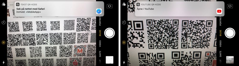 Slik ser det ut når iOS 11-kameraet gjenkjenner Qr-koder og foreslår handlinger for dem. Du behøver ikke å foreta deg noe som helst for å bli tatt til riktig tjeneste. Men husk på at de kan lede deg til steder telefonen din ikke liker. De fleste av disse er rene test-QR-koder, mens noen leder til Twitter. Youtube-koden er imidlertid ganske spennende.