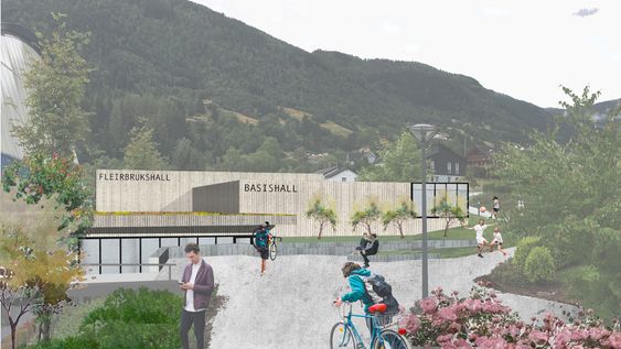 TO HALLAR I EITT: Hallanlegget vil kome i tilknyting til Storhallen, der det i dag er parkeringsplass.
