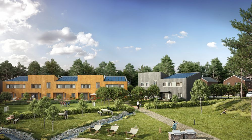 På Furumoutbyggingen på Ski skal alle boligene få solceller på taket. Slik ser utbyggerne for seg at det blir seende ut. Investeringen har vist seg å være et konkurransefortrinn for dem og nesten alle boligene er solgt.