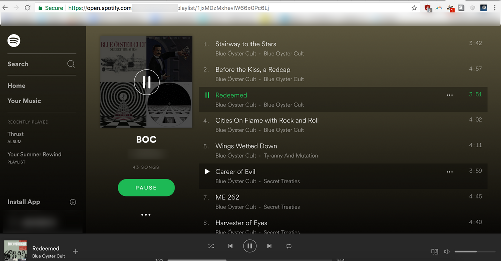 Du kan laste ned Spotify som en egen app – eler streame direkte i nettleseren i Spotify Web Player, som her.