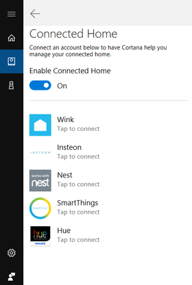 Slik ser den nye Connected Home-menyen ut. Foreløpig er det bare de fem avbildede aktørene som er støttet.
