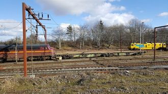 Spesialutgave av vogntypen Sggmrs(s)90, her sett i Padborg. Den toleddede godsvognen med tre boggier har fått påmontert skivebremser, slik at den kan brukes som testvogn for den nye målemetoden.