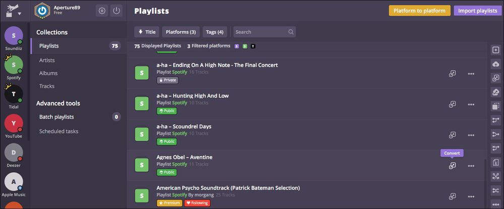 i dette eksemplet har vi koblet til både Spotify, hvor vi er kunde, og Tidal, som vi ønsker å overføre Spotify-spillelistene til.