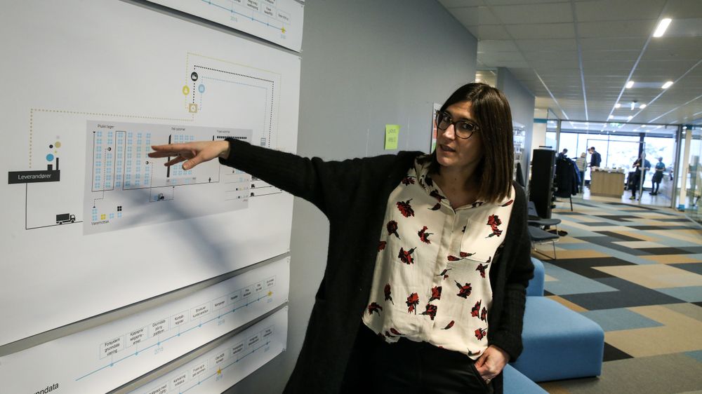 VISUALISERING: Når du kommer inn i lokalene til Driw, skjønner du at visualisering er viktig. Her henger modeller og kart godt synlig. Daglig leder Cathrin Ødegård viser her den visualiserte versjonen av Trace. Denne modellen forklarer hele systemet som er kjernen i bedriften.