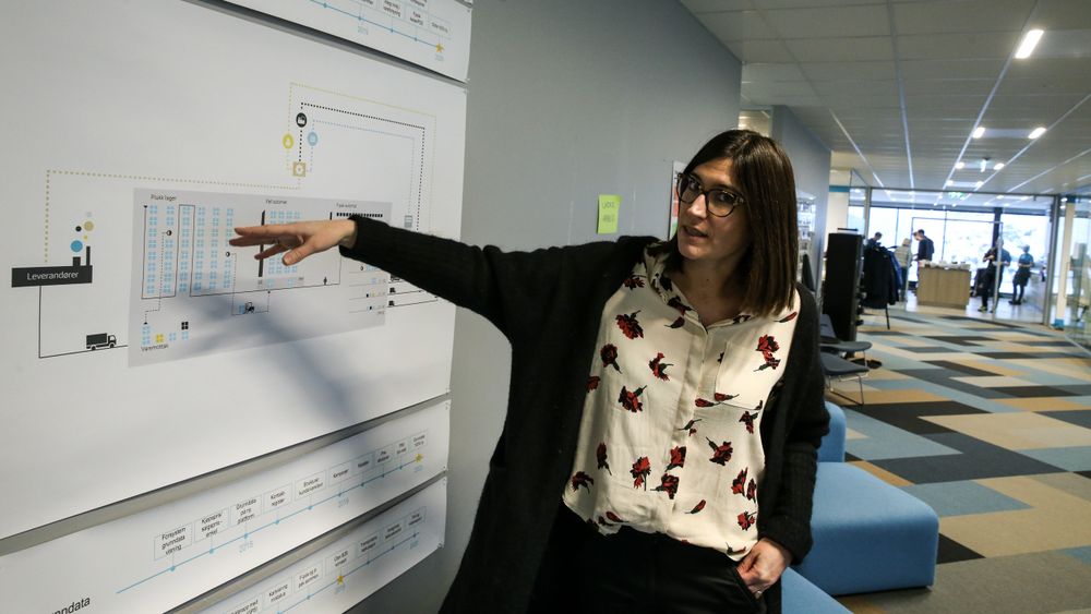 VISUALISERING: Når du kommer inn i lokalene til Driw, skjønner du at visualisering er viktig. Her henger modeller og kart godt synlig. Daglig leder Cathrin Ødegård viser her den visualiserte versjonen av Trace. Denne modellen forklarer hele systemet som er kjernen i bedriften.
