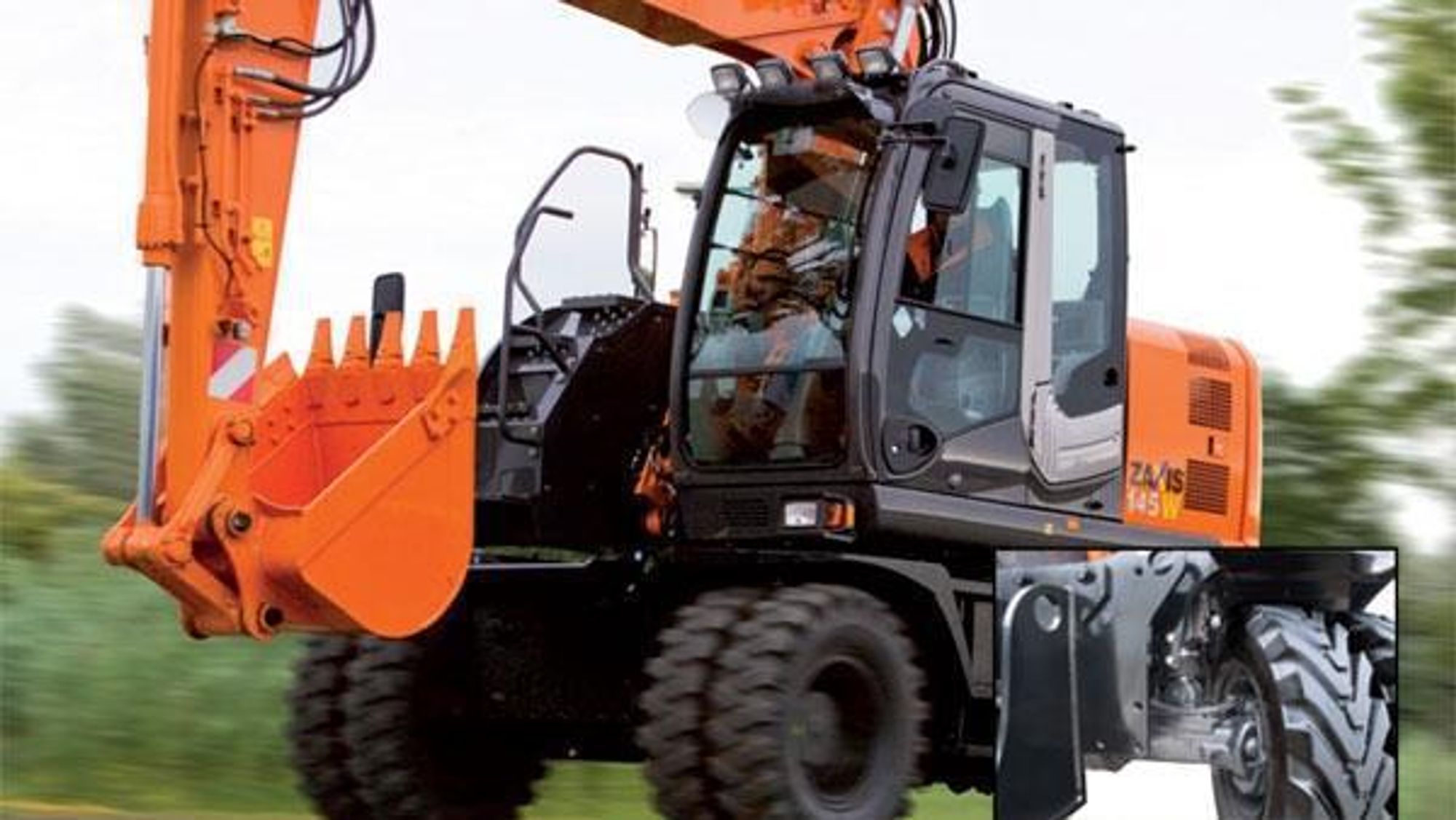 Hitachi ZX145W-3 med hydraulisk fjæring (fjæringen innfelt).