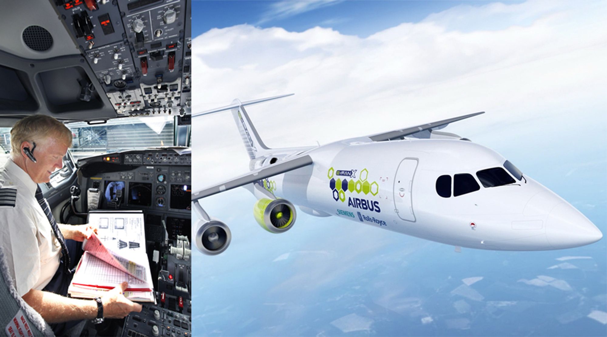 Mener luftfarten blir elektrisk: Kaptein Dag Falk-Pedersen i cockpiten til et fly på Gardermoen i 2009. Til høyre: Det elektriske flykonseptet E-Fan X som bygges i samarbeid mellom Airbus, Siemens og Rolls-Royce.