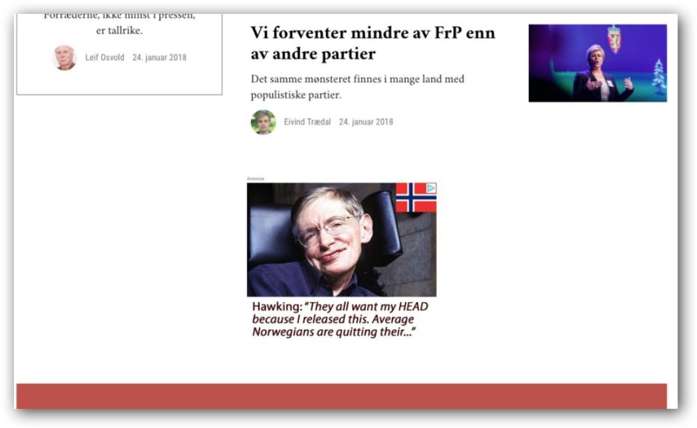 Minerva er en av de norske nettstedene som - i likhet med Google - tjener penger på falske annonser for Stephen Hawking.