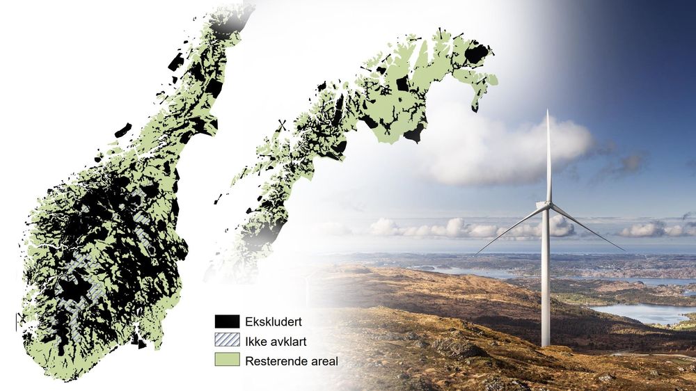 Her er områdene NVE har ekskludert. Til høyre en av vindturbinene i Midtfjellet vindpark.