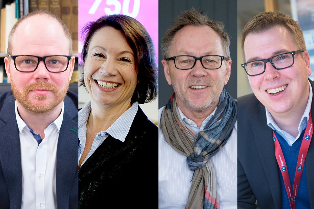 Sjefredaktørene avslører sine beste tips til jobbsøkere. Fra venstre: Gard Steiro i VG, Kjersti Sortland i Budstikka, John Arne Markussen i Dagbladet og Eirik Hoff Lysholm i Dagsavisen.