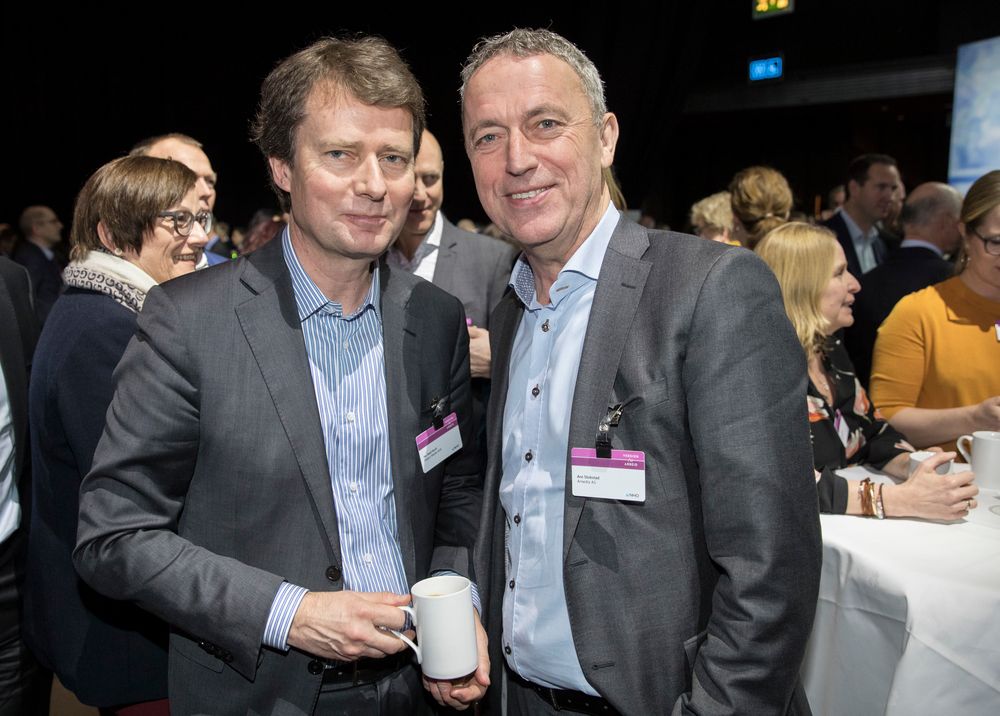 Konsernsjefane Per Axel Koch og Are Stokstad i Polaris Media og Amedia. Her frå NHO sin årskonferanse i 2018.