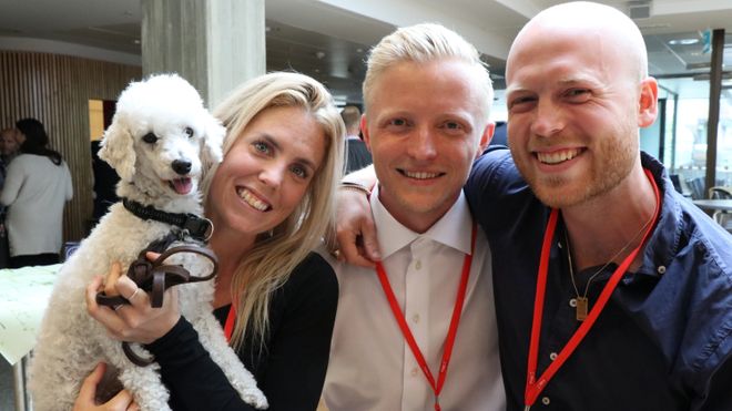 Fra venstre: Otto Puddel, Mikaela Pedersen fra Tracy, Christoph Brandin fra AIMO Technologies og Petter Hultin fra Tracy.