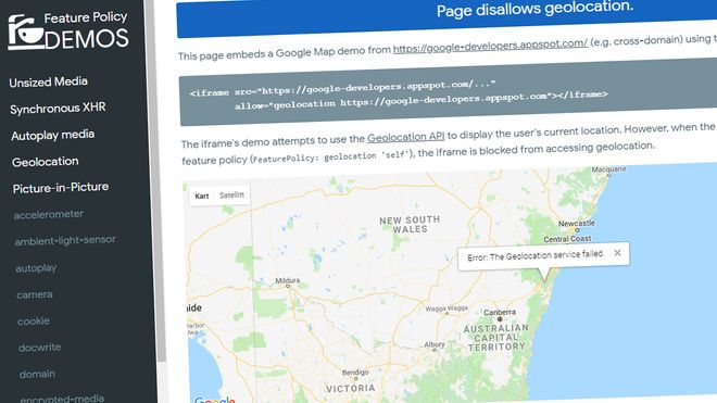 Test av Feature Policy for geolokalisering på Googles Feature Policy Demos-side.