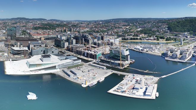 Panoramautsnitt fra et dronebilde av Bjørvika tatt sommeren 2018.