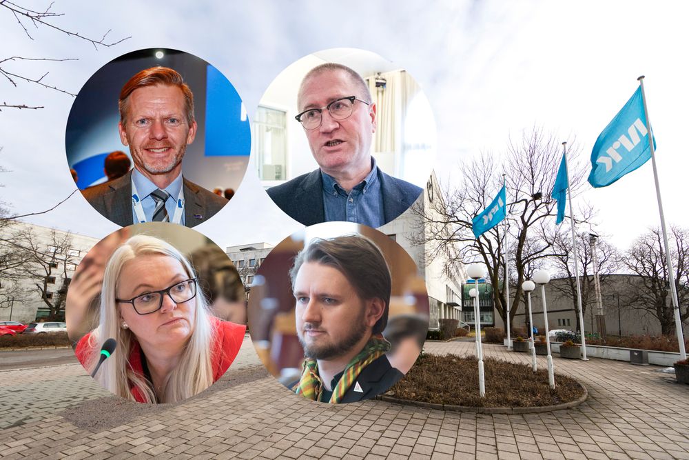 Mediepolitikerne reagerer på NRK-lønn. Fra venstre: Tage Pettersen (H), Åslaug Sem-Jacobsen (Sp), Geir Bekkevold (KrF) og Freddy Øvstegård (SV)