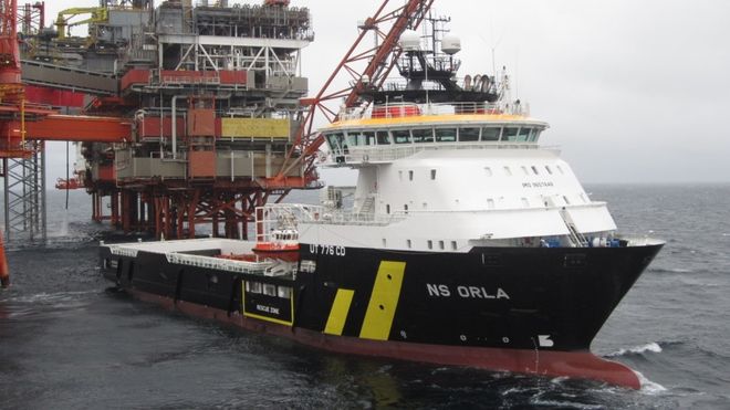 Multifunksjonsskipet NS Orla i Nordsjøen. Neste år blir det hybrid med Rolls-Royce batteripakke og kraftelektronikk plassert i eget dekkshus.