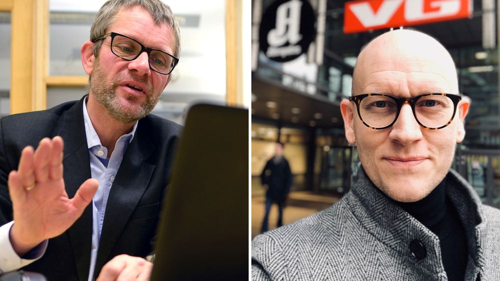 Geir E. Engen i Mediebedriftenes Landsforbund og Ole Stenberg, utviklingsredaktør i VG