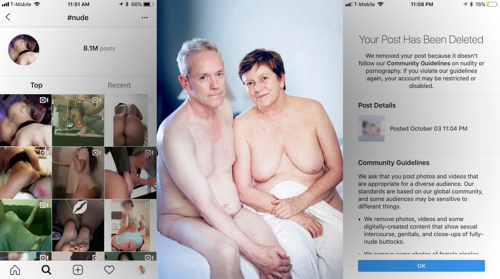 BLE SLETTET: Bildet i midten ble slettet av Instagram. Klaudia Lech reagerer på at det skjer, samtidig som bilder som de til venstre får lov til å være på tjenesten.