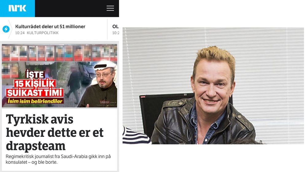 Slik så toppsaken på NRK.no ut onsdag formiddag - bare i usladdet versjon. Sladden er lagt på av Medier24 i etterkant. T.h: Espen Olsen Langfeldt, redaktør for NRK Direkte. Montasje: Ole Gunnar Onsøien/M24